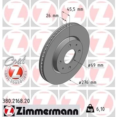 Imagem de ZIMMERMANN COAT Z 380.2168.20 Disco de travão 276 26 6/4 4 114 interior ventilado revestido MITSUBISHI: Lancer 7 Limousine, 7, GALANT 6