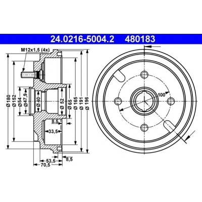 Imagem de ATE 24.0216 5004.2 Tambor de Travão sem o rolamento da roda, anel sensor do ABS, com pernos fixação roda 196,0