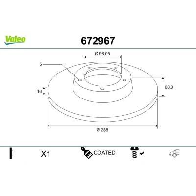 Imagem de VALEO Disco de travão FORD: Transit Custom V362 Van, Mk7 Minibus Eixo traseiro 288mm 16mm 5furos cheio revestido 672967