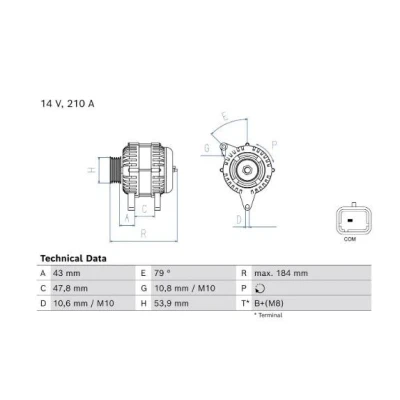 Imagem de BOSCH Alternador 14V 210A B+(M8) 132 excl. bomba de vácuo 53,9mm PEUGEOT: Expert III Van, 508 II, Boxer CITROËN: Jumper II Spacetourer