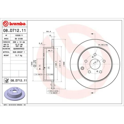 Imagem de BREMBO 08.D712.11 Disco de travão 298 12 5 cheio revestido