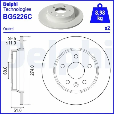 Imagem de DELPHI Disco de travão 274mm 11mm 5 cheio revestido BG5226C 440A09225R Discos