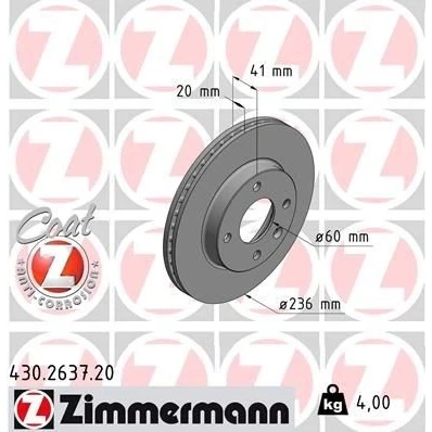 Imagem de ZIMMERMANN COAT Z 430.2637.20 Disco de travão 236 20 5/4 4 100 interior ventilado revestido OPEL: Karl