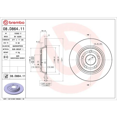 Imagem de BREMBO 08.D864.11 Disco de travão 271 11 5 cheio revestido FORD: Focus Mk4 Hatchback, Turnier