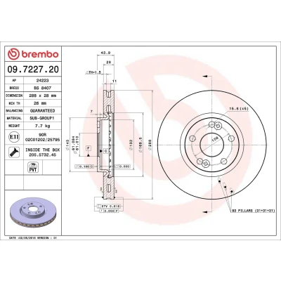 Imagem de BREMBO 09.7227.20 Disco de travão 288 28 5 interior ventilado com parafusos RENAULT: ESPACE 3