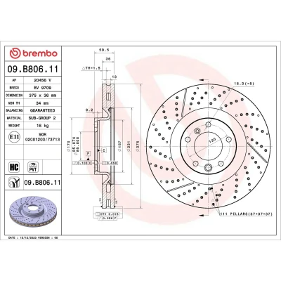 Imagem de BREMBO Disco de travão Prime 375mm 36mm 5 interior ventilado 09.B806.11 4634210712,A4634210712 Discos
