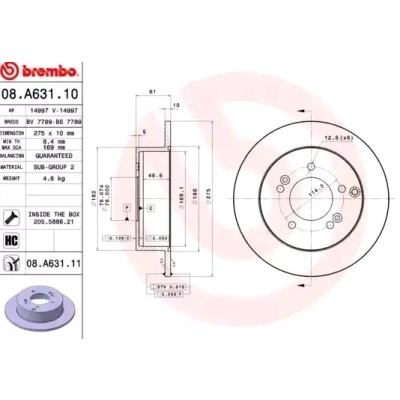Imagem de BREMBO COATED DISC LINE 08.A631.11 Disco de travão 275 10 5 cheio revestido alto carbono com parafusos KIA: CARENS 2, 3