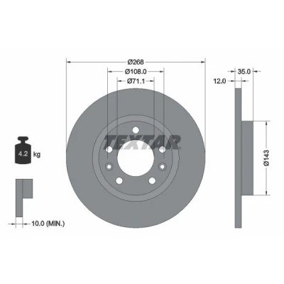 Imagem de TEXTAR PRO 92268003 Disco de travão 268 12 05/07 108 cheio revestido sem o rolamento da roda, pernos fixação cubo roda