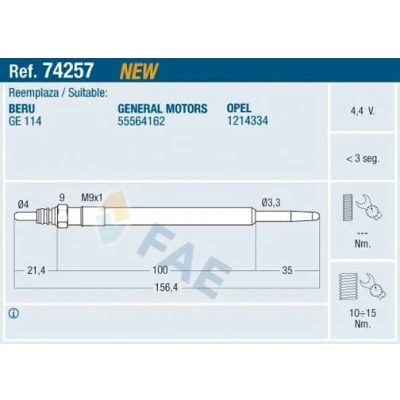Imagem de FAE 74257 Vela incandescente 4,4V M 9x1 OPEL: Insignia A Hatchback, Sedan, Astra J Hatchback