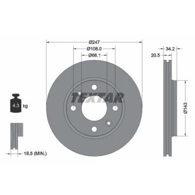 Imagem de TEXTAR PRO 92043103 Disco de travão 247 20,5 04/06 108 interior ventilado revestido sem pernos fixação da roda, cubo roda