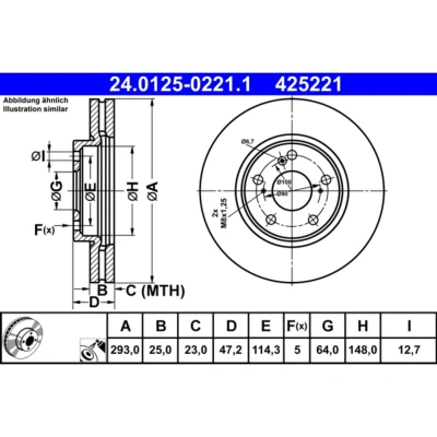 Imagem de ATE 24.0125 0221.1 Disco de travão 293,0 25,0 5 114,3 ventilado revestido HONDA: HR V II
