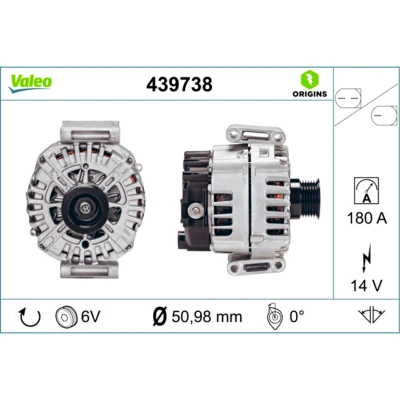 Imagem de VALEO 439738 Alternador 14V 180A MERCEDES BENZ: Sprinter 4.6 T Camião de plataforma/Chassis, 3.5 Van, Classe E Sedan