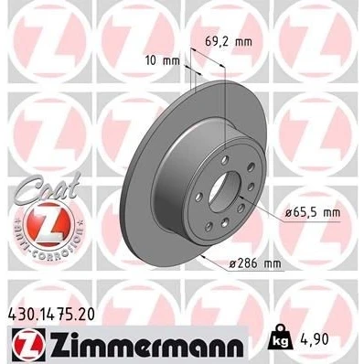 Imagem de ZIMMERMANN COAT Z 430.1475.20 Disco de travão 286 10 7/5 5 110 cheio revestido OPEL: Vectra B Carrinha, Sedan, CC, SAAB: 9 Sedan