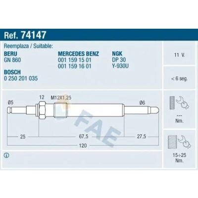 Imagem de FAE 74147 Vela incandescente 11V M12x125 MERCEDES BENZ: Classe C Sedan, E T modell