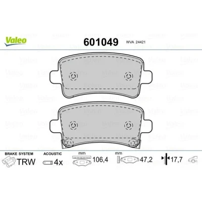 Imagem de VALEO 601049 Jogo de pastilhas para travão disco Eixo traseiro incl. contacto aviso desgaste com chapa anti ruído