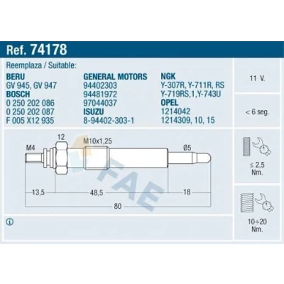 Imagem de FAE 74178 Vela incandescente 11V M 10x1.25 OPEL: Astra F Caravan, Campo, Sedan