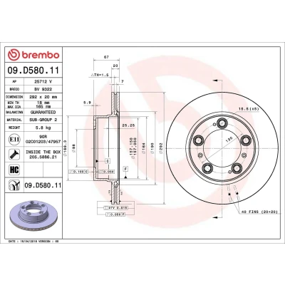 Imagem de BREMBO 09.D580.11 Disco de travão 292 20 5 interior ventilado revestido alto carbono com parafusos PORSCHE: Boxster