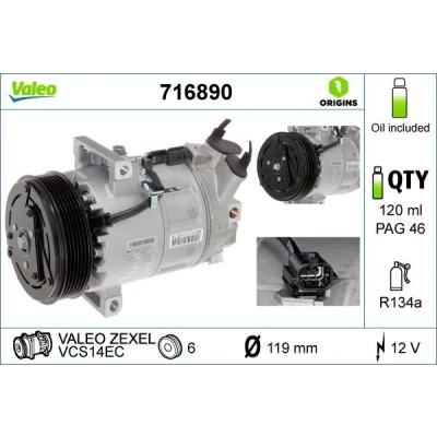 Imagem de VALEO 716890 compressor VCS14EC 12 PAG 46 R 134a com óleo de