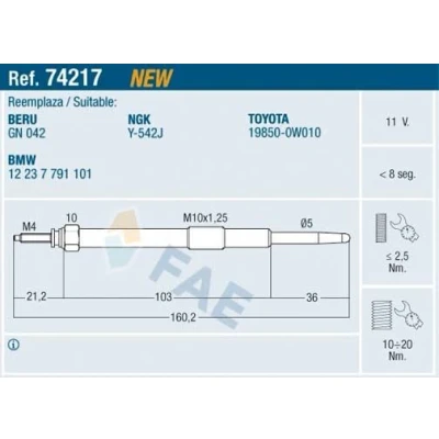 Imagem de FAE 74217 Vela incandescente 11V M10x1,25 TOYOTA: Corolla IX Hatchback, Yaris I Sedan