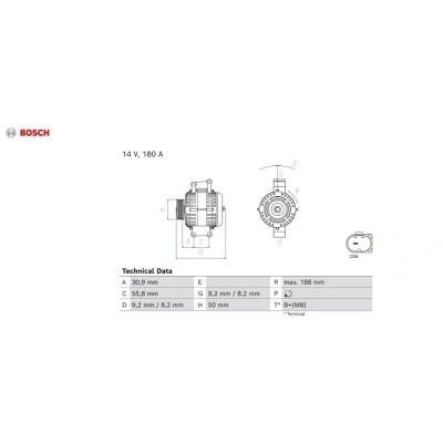 Imagem de BOSCH 0 986 084 980 Alternador 14V 200A MERCEDES BENZ: Classe C T modell, Sprinter 4.6 Camião de plataforma/Chassis, 3.5 Van