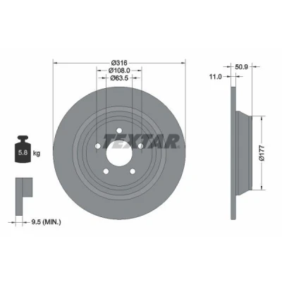 Imagem de TEXTAR 92292503 Disco de travão 316 11 05/05 108 cheio revestido sem pernos fixação da roda, cubo roda FORD: Mondeo 5 Kombi