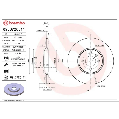Imagem de BREMBO 09.D720.11 Disco de travão 288 25 4 interior ventilado revestido alto carbono com parafusos VOLKSWAGEN: up! Hatchback
