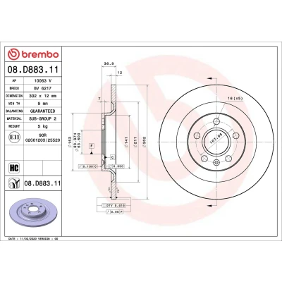 Imagem de BREMBO 08.D883.11 Disco de travão 302 12 5 cheio revestido alto carbono
