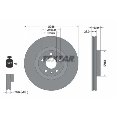 Imagem de TEXTAR 92309603 Disco de travão 316 28 05/06 108 interior ventilado revestido sem pernos fixação da roda, cubo roda FORD: Mondeo 5 Kombi