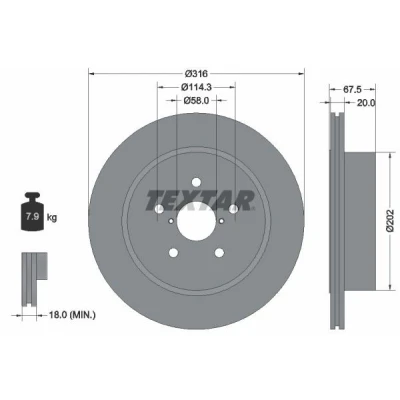 Imagem de TEXTAR PRO 92227803 Disco de travão 316 20 05/07 114,3 interior ventilado revestido sem pernos fixação da roda, cubo roda