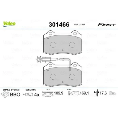 Imagem de VALEO 301466 Jogo de pastilhas para travão disco FIRST Eixo dianteiro incl. contacto aviso desgaste sem chapa anti ruído PEUGEOT: 406 Coupe