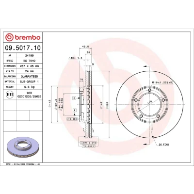 Imagem de BREMBO 09.5017.10 Disco de travão 257 25 5 interior ventilado TOYOTA: HILUX Pick up, 4 6 up