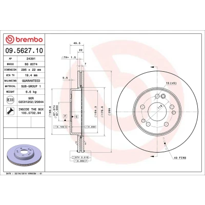 Imagem de BREMBO 09.5627.10 Disco de travão 295 22 5 interior ventilado com parafusos MERCEDES BENZ: W124 Sedan, Carrinha, Classe E Cabrio