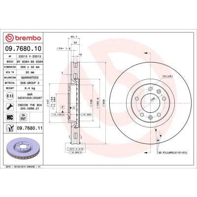 Imagem de BREMBO COATED DISC LINE 09.7680.11 Disco de travão 309 32 5 interior ventilado revestido alto carbono com parafusos PEUGEOT: 607 Sedan