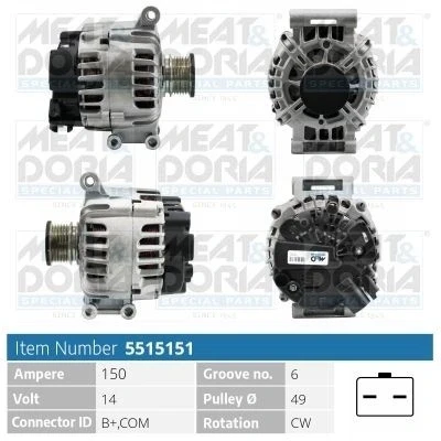 Imagem de MEAT &amp; DORIA 5515151 Alternador 14V 150A PEUGEOT: 508 I SW, 308 SW 2, II Hatchback, CITROËN: C4 Grand Picasso Berlingo Van, C3