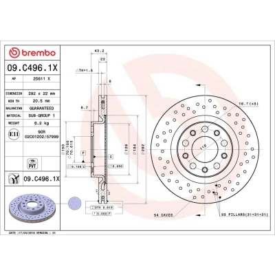 Imagem de BREMBO Disco de travão ALFA ROMEO: Stelvio, Giulia Sedan 292mm 22mm 5 perfurado/ventilado revestido 09.C496.1X 50532944,50545300,50554320,50571046