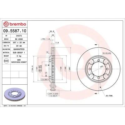 Imagem de BREMBO 09.5587.10 Disco de travão 257 22 4 interior ventilado HYUNDAI: COUPE, LANTRA 2 Wagon
