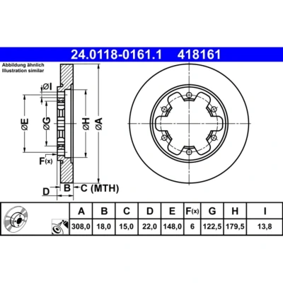 Imagem de ATE 24.0118 0161.1 Disco de travão 308,0 18,0 6 148,0 cheio revestido FORD: Transit V363 Van