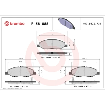 Imagem de BREMBO P 56 088 Jogo de pastilhas para travão disco com avisador sonoro desgaste sem acessórios NISSAN: Note I, MICRA 3, Tiida Hatchback