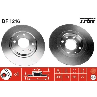 Imagem de TRW DF1216 Disco de travão 266 10 4 108 cheio pintado com parafusos PEUGEOT: 405 I Sedan, CITROËN: BX Hatchback