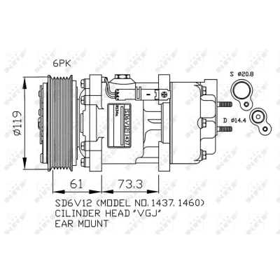 Imagem de NRF 32217 compressor SD6V12 12 PAG 46 com óleo de PAG, retentor PEUGEOT: 206 Hatchback, 307 SW, CITROËN: C4 I Hatchback