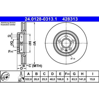 Imagem de ATE 24.0128 0313.1 Disco de travão 322,0 28,0 5 108,0 ventilado revestido alto carbono com parafusos VOLVO: V90 II Carrinha, V60