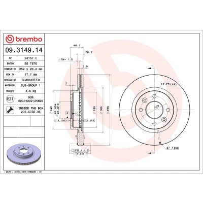 Imagem de BREMBO 09.3149.14 Disco de travão 259 20,2 4 interior ventilado com parafusos