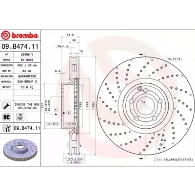 Imagem de BREMBO COATED DISC LINE 09.B474.11 Disco de travão 360 36 5 perfurado/ventilado revestido alto carbono com parafusos MERCEDES BENZ: SL Cabrio