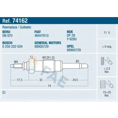 Imagem de FAE 74162 Vela incandescente 11V M12x125 FIAT: BRAVO 1, Marea Sedan