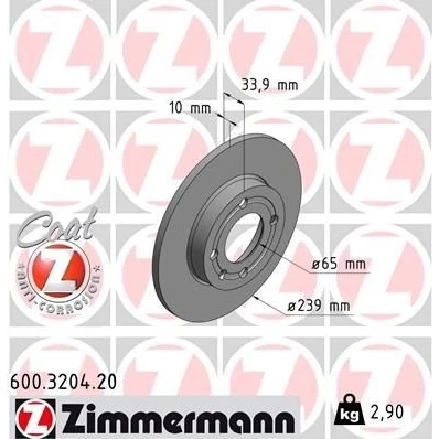 Imagem de ZIMMERMANN COAT Z 600.3204.20 Disco de travão 239 10 5/4 4 100 cheio revestido VOLKSWAGEN: Polo III Hatchback, SEAT: Arosa