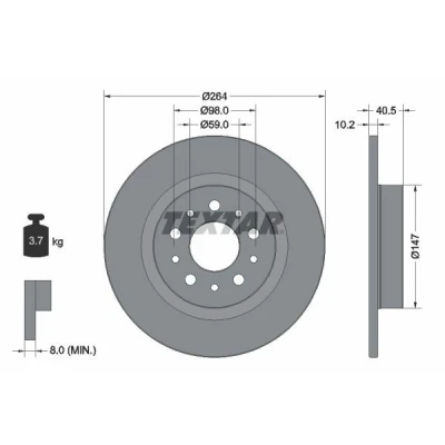 Imagem de TEXTAR PRO 92271703 Disco de travão 264 10,2 05/10 98 cheio revestido sem o rolamento da roda, pernos fixação cubo roda