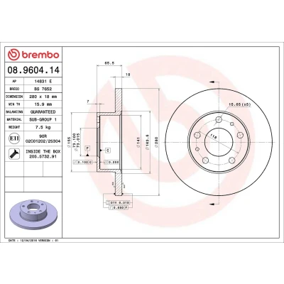 Imagem de BREMBO 08.9604.14 Disco de travão 280 18 5 cheio com parafusos PEUGEOT: Boxer Van