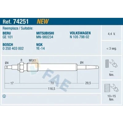 Imagem de FAE 74251 Vela incandescente 4,4V M 8x1 AUDI: A6 C6 Avant, A4 B7 Sedan, VOLKSWAGEN: Golf 5, Touran I, Passat B6 Variant
