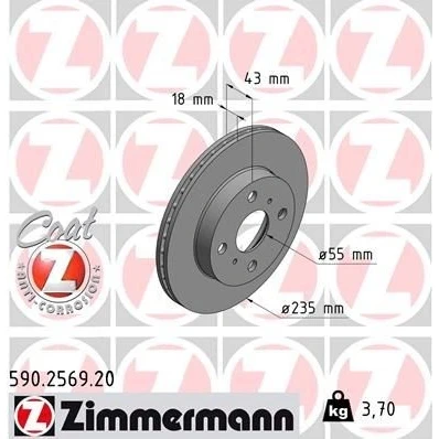 Imagem de ZIMMERMANN Disco de travão TOYOTA: Yaris I Hatchback COAT Z 235mm 18mm 6/4 4furos 100mm interior ventilado revestido 590.2569.20 435120D010,4351252020