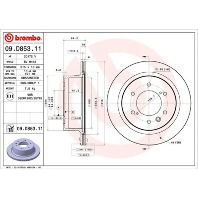 Imagem de BREMBO 09.D853.11 Disco de travão 315 18 6 interior ventilado revestido
